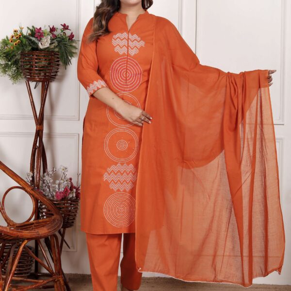 Women's Cotton Printed Straight Kurti With Pant and Dupatta Set (DARK Orange)
