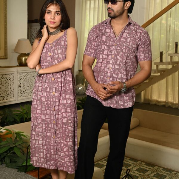 Couple Matching Outfit ? Lavender Cotton Block Print Midi Dress & Shirt Set, Summer Casual Wear