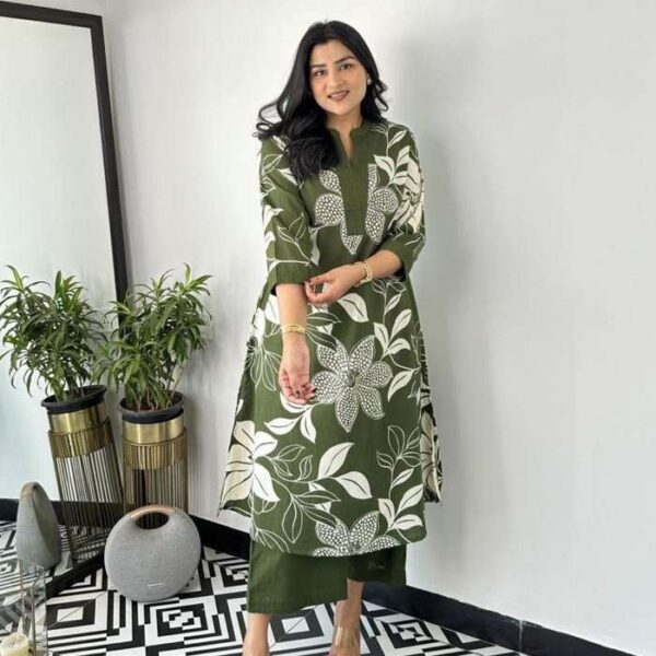 Women's Cotton Floral Printed Straight Kurti With Pant Set