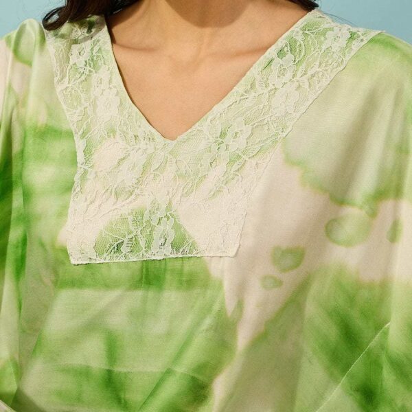 Women's Cotton Tie Dye Print Flowing Bell Sleeves Full Length Kaftan Drees Casual Beach Wear ( Green )