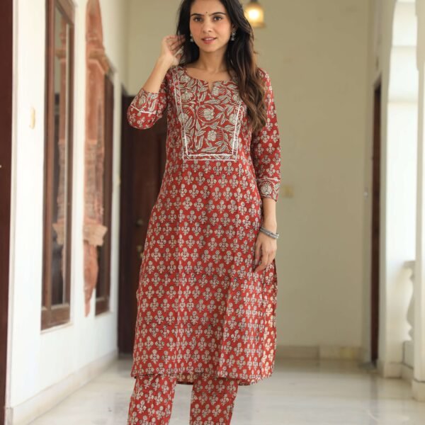 Women?s Red Cotton Kurta Set with Pants