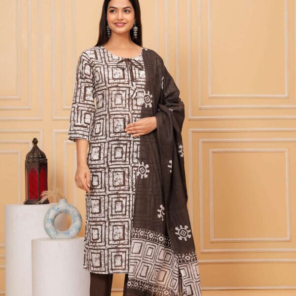 Women's Cotton Hand Block Printed Straight Kurti with Pant and Printed Dupatta