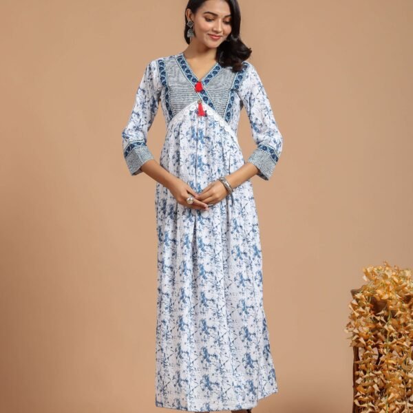 White & Blue Tie-Dye Printed Maxi Dress with Embroidered Yoke & Tassels