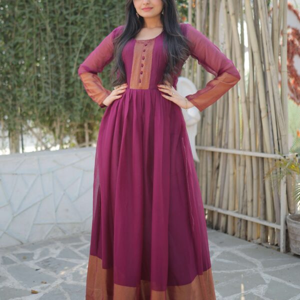Wine Elegant Chiffon Designer Gown with Golden Zari Patta ? Premium Ready-to-Wear Dress