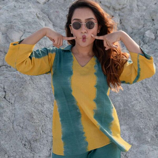 Women's Cotton Tie Dye Print Two-Piece Lounge Set Tunic with Wide-Leg Pants, Resort Wear ( Teal and Yellow2 )