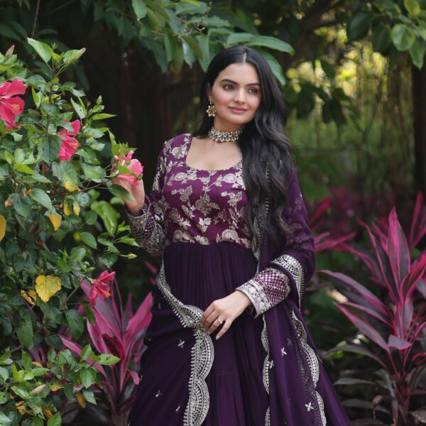 Wine Faux Blooming Designer Gown with Sequined Dupatta ? Elegant Fully Flared Ready-to-Wear Set