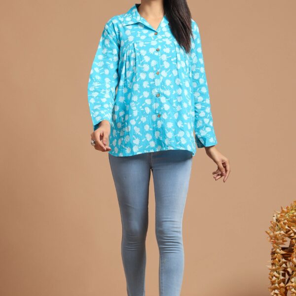 Women?s Blue Floral Printed Cotton Long Sleeve Shirt Top ? Casual & Office Wear