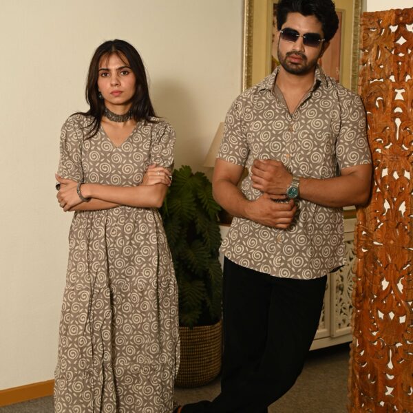 Couple Matching Beige Cotton Anarkali Midi Dress and Shirt Set ? Swirl Block Print