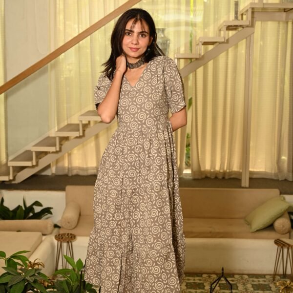 Beige Cotton Anarkali Maxi Dress with Swirl Print & V-Neck Stylish Casual Wear