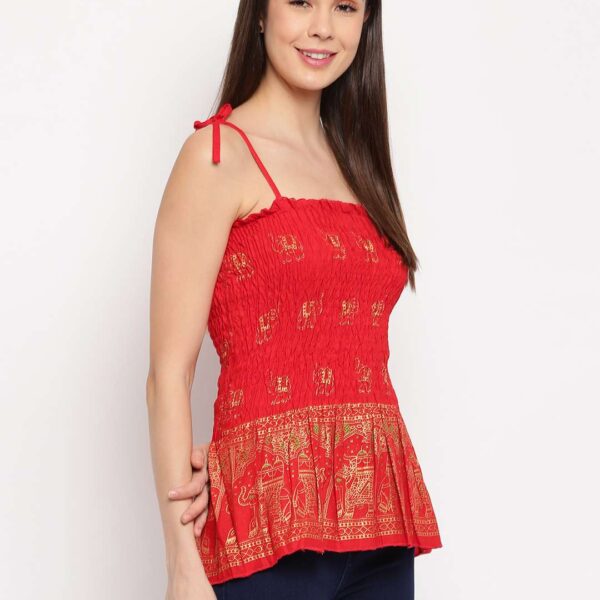 Women's Rayon Elephant Print Casual Summer Style Tie Shoulder Straps Free Size Tank Top ( Red Gold Pattern)