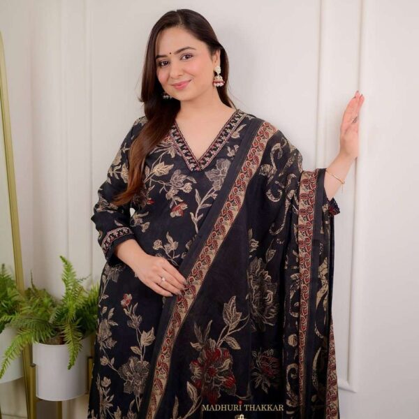 Women's Cotton Floral Printed Straight Kurti With Afghani Style Pant and Dupatta Set (Black)