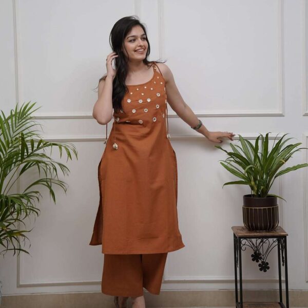 Women's Cotton Embroidery Sleeveless Kurti With Ankle length Pant Set