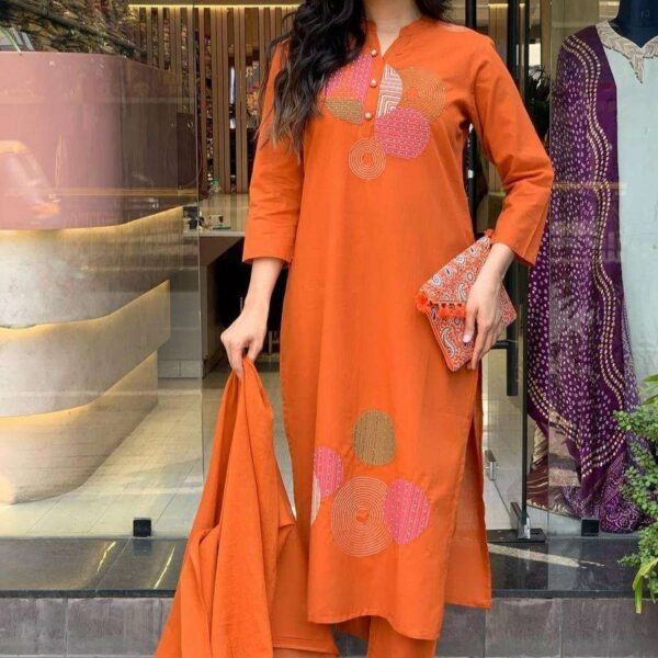 Women's Cotton Embroidery Straight Kurti Pant With Dupatta Set