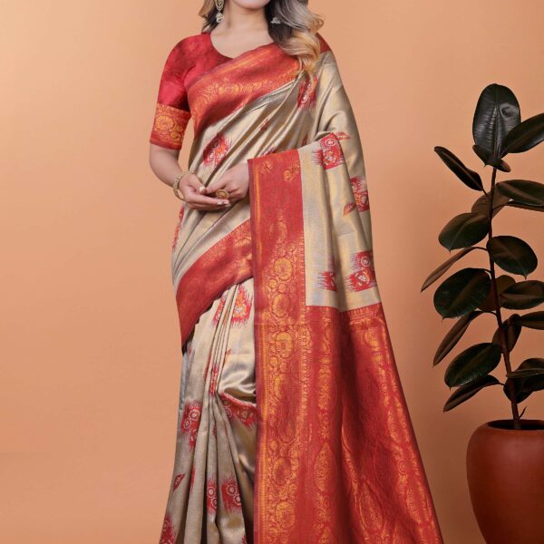 Elegant Beige-Gold Banarasi Silk Saree with Rust-Red Zari Border & Blouse | Wedding, Festival & Party Ethnic Wear