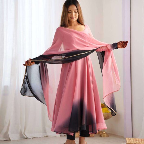 Women's Pure Romansilk Chanderi Tie-Dye Anarkali Kurti Pant With Dupatta Set