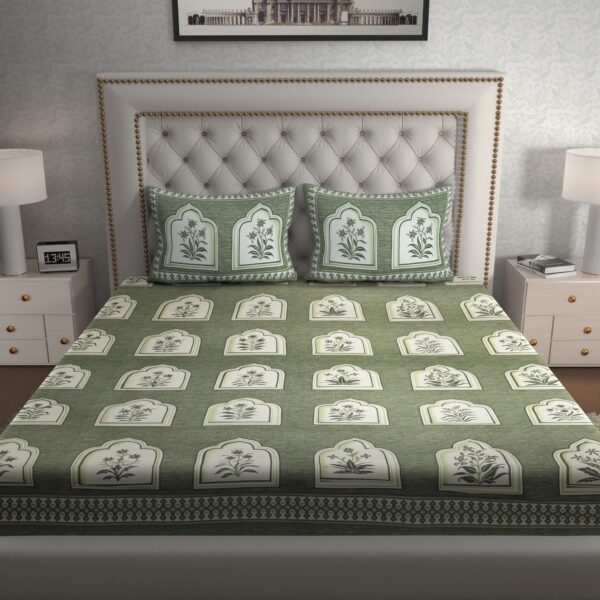 Greenish Jaipuri-Style Floral Printed Double Bedsheet With Two Matching Pillow Covers