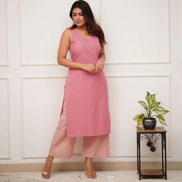 Women's Cotton Printed Sleeveless Straight Kurti With Pant Set