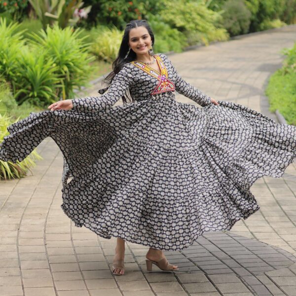 Black Designer Printed Cotton Gown with Kutchi Gamthi Lace & Kodi Work
