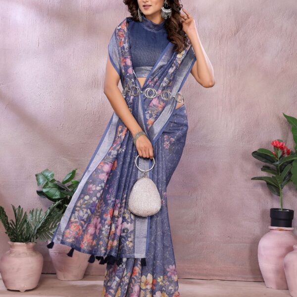 Navy Blue Floral Linen Shimmer Saree ? Elegant Festive & Wedding Wear