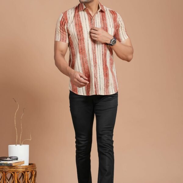 Men's Cotton Beige & Rust Striped Short-Sleeve Shirt ? Casual Summer Wear