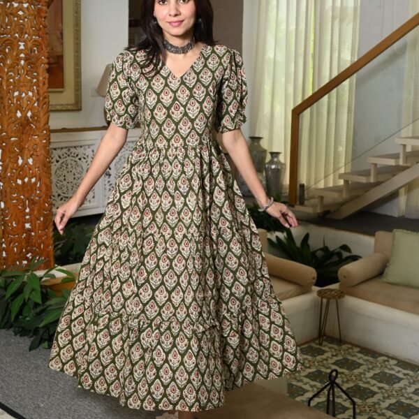 Green Floral Printed Cotton Anarkali Maxi Dress with Puff Sleeves Elegant Casual Wear