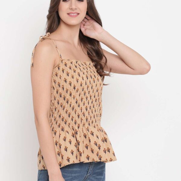 Women's Rayon Elephant Print Casual Summer Style Tie Shoulder Straps Free Size Tank Top ( Brown Beige)