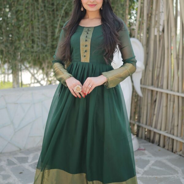 Green Elegant Chiffon Designer Gown with Golden Zari Patta ? Premium Ready-to-Wear Dress