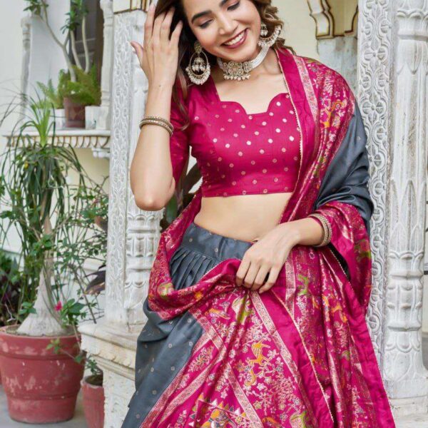 Bottle Green Dola Silk Lehenga Choli with Maroon Blouse | Bandhej & Ajarakh Print | Wedding & Festive Wear