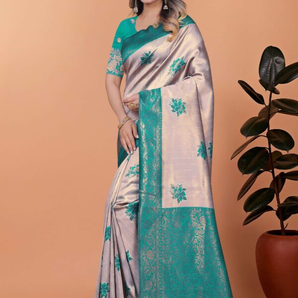 Ivory Glow Banarasi Silk Saree with Emerald Green Zari Work & Blouse | Wedding, Puja, Festive & Traditional Wear