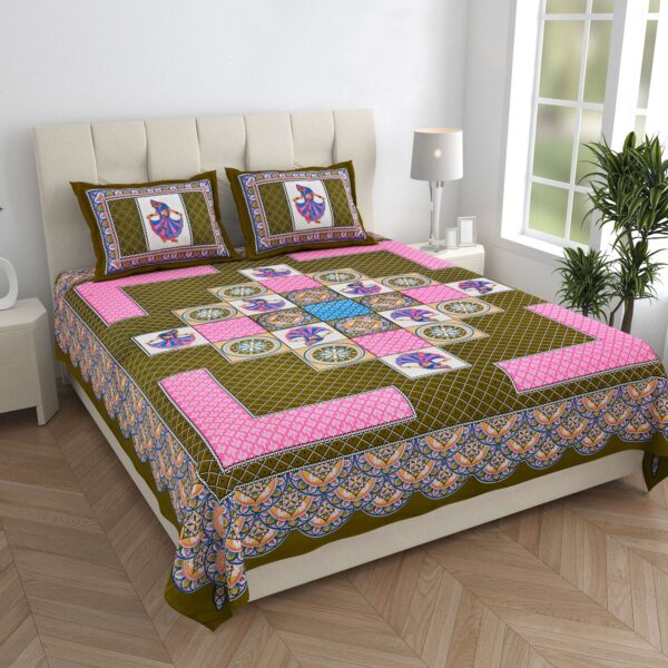 Jaipuri Printed Double Bedsheet With Two Matching Pillow Covers