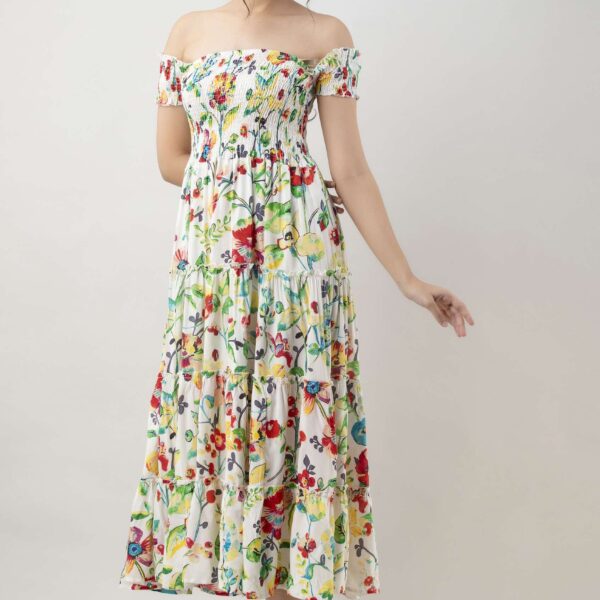 Women's Viscos Rayon Printed Off Shoulder Midi Dress For Summer And Casual Wear (White Floral)