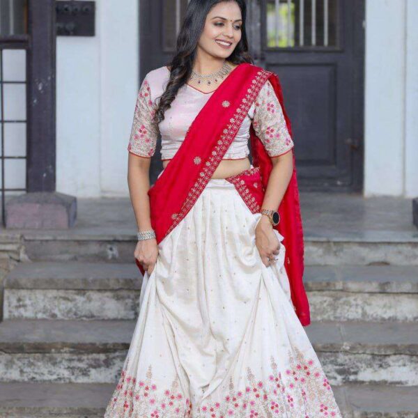 White Vichitra Silk Lehenga Choli with Red Blouse | Sequins & Thread Embroidery | Bridesmaid & Wedding Wear