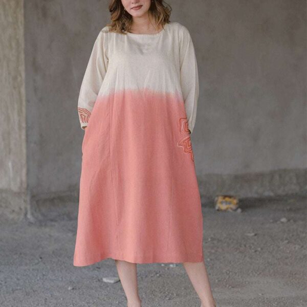 Women's Cotton Tie-Dye Print Loose Short Sleeveless Tunic Dress ( Peach White )