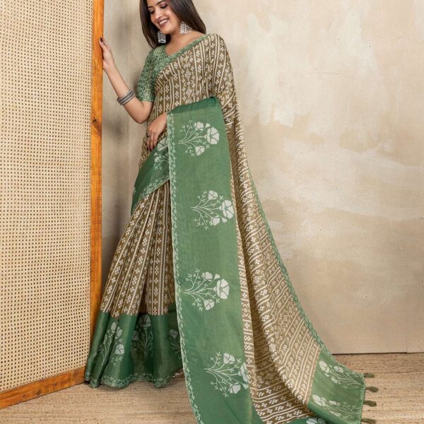Elegant Teal Green and Mauve Pink Linen Saree with Geometric and Floral Prints