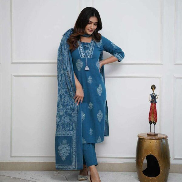 Women's Cotton Printed Straight Kurti with pant and Dupatta Set
