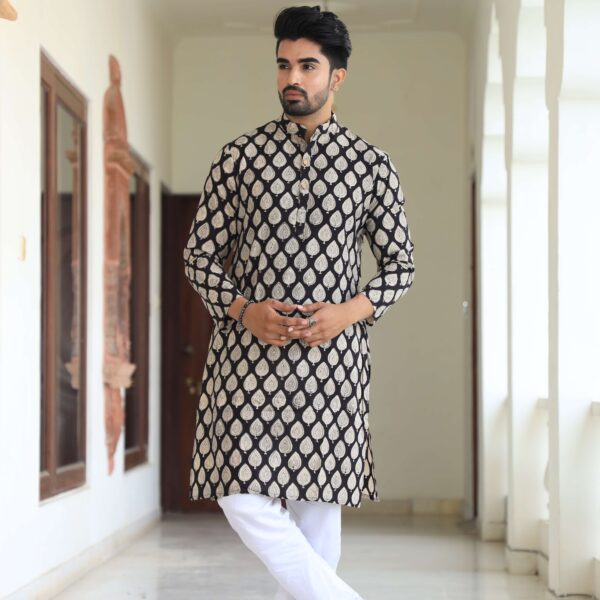 Mens Black Leaf Printed Cotton Kurta with White Pajama ? Traditional Ethnic Wear for Festive & Wedding