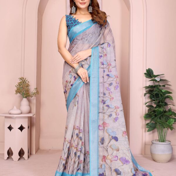 Elegant Linen Cotton Saree ? Light Grey Floral Print with Sky Blue Border