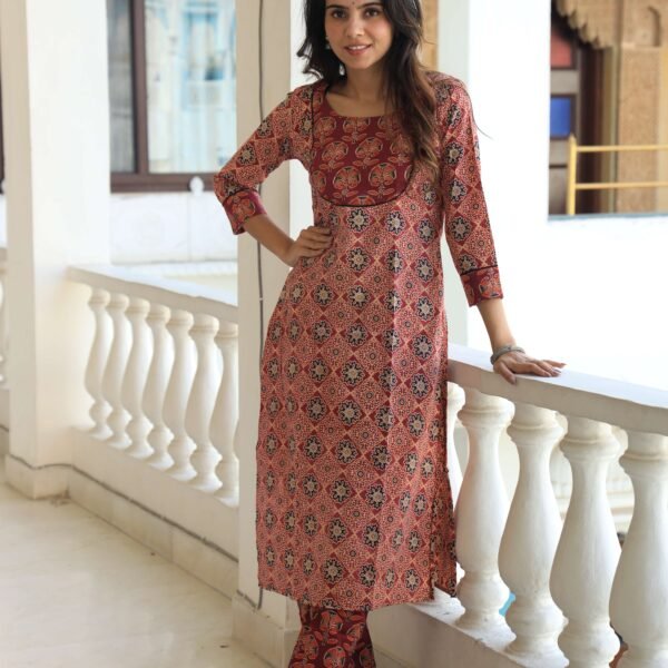 Women?s Red Cotton Kurta Set with Pants