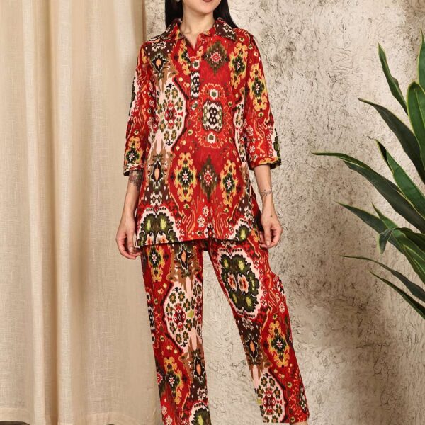 Women's Pure Cotton Printed Collared Top and Pant Co-ord Set (Multti Color3)