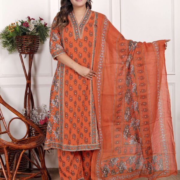 Women's Cotton Printed Straight Kurti With Pant and Dupatta Set (Orange)
