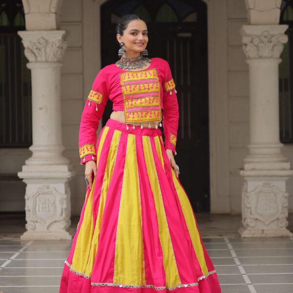 Roman Fabric Mirror-Embellished Navratri Lehenga Choli Set