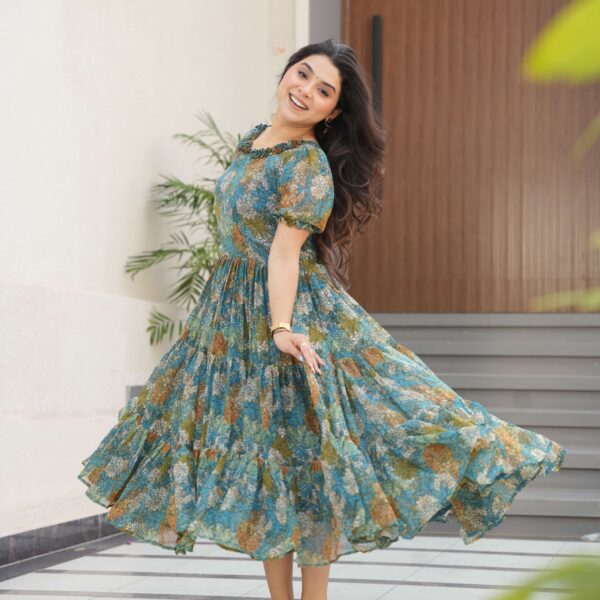 Blue Premium Faux Georgette Printed Full Flair Gown ? Collection