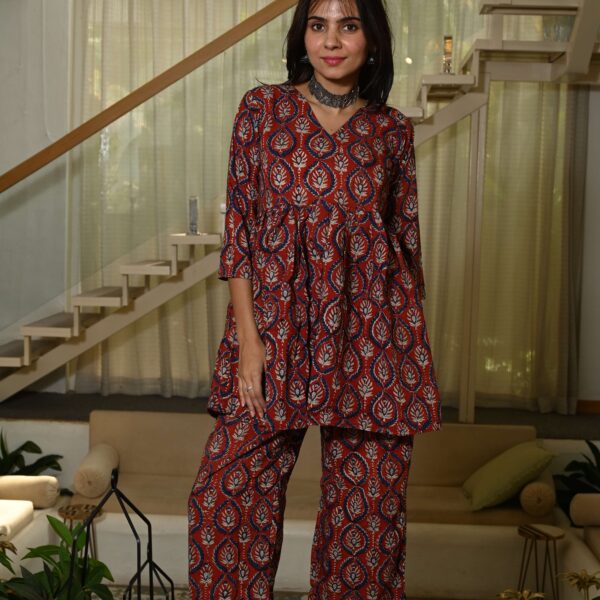 Maroon Block Print Cotton Co-ord Set for Women ? Peplum Kurta & Straight Pants, Casual Ethnic Wear