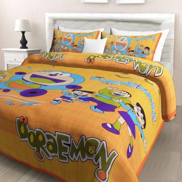 Doraemon Printed Cotton Double Bed Bedsheet With 2 Pillow Covers For Kids
