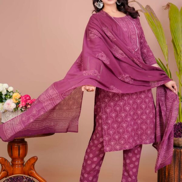 Women's Purple Cotton Printed Straight Kurti with Pant & Dupatta Set