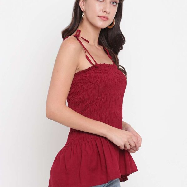 Women's Rayon Solid Casual Summer Style Tie Shoulder Straps Free Size Tank Top (Maroon)