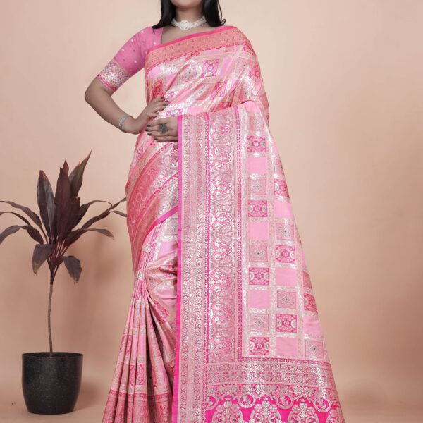 Baby Pink Banarasi Silk Saree with Silver Zari Weaving | Wedding & Festive Wear | Elegant Traditional Designer Saree