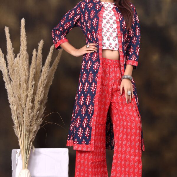 Women's Printed Long Shrug with Crop Top & Zigzag Pant Set