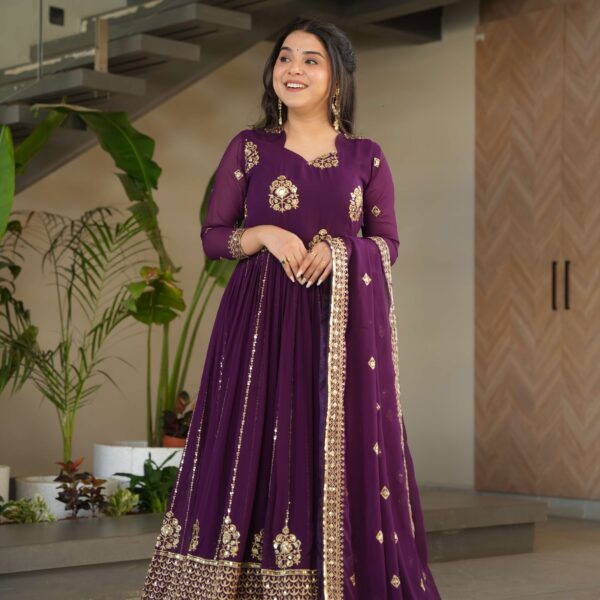 Wine Premium Faux Blooming Designer Gown with Dupatta ? Zari & Sequins Embroidery for Elegant Ethnic Wear