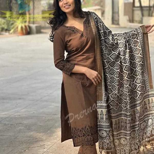 Women Pure Cotton Embroidery Straight Kurti with Pant & Dupatta Set (Brown)